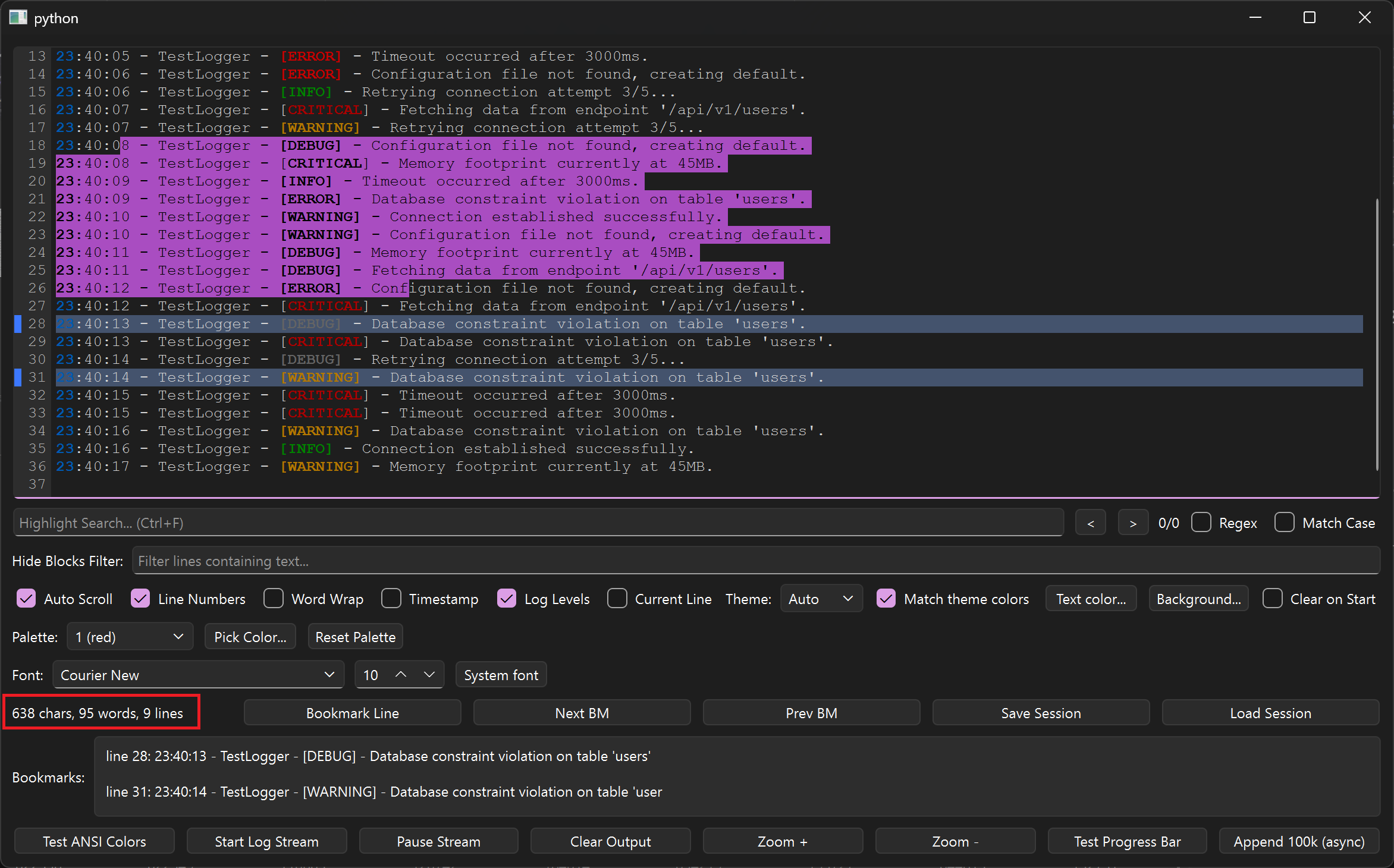 Text selection with live stats