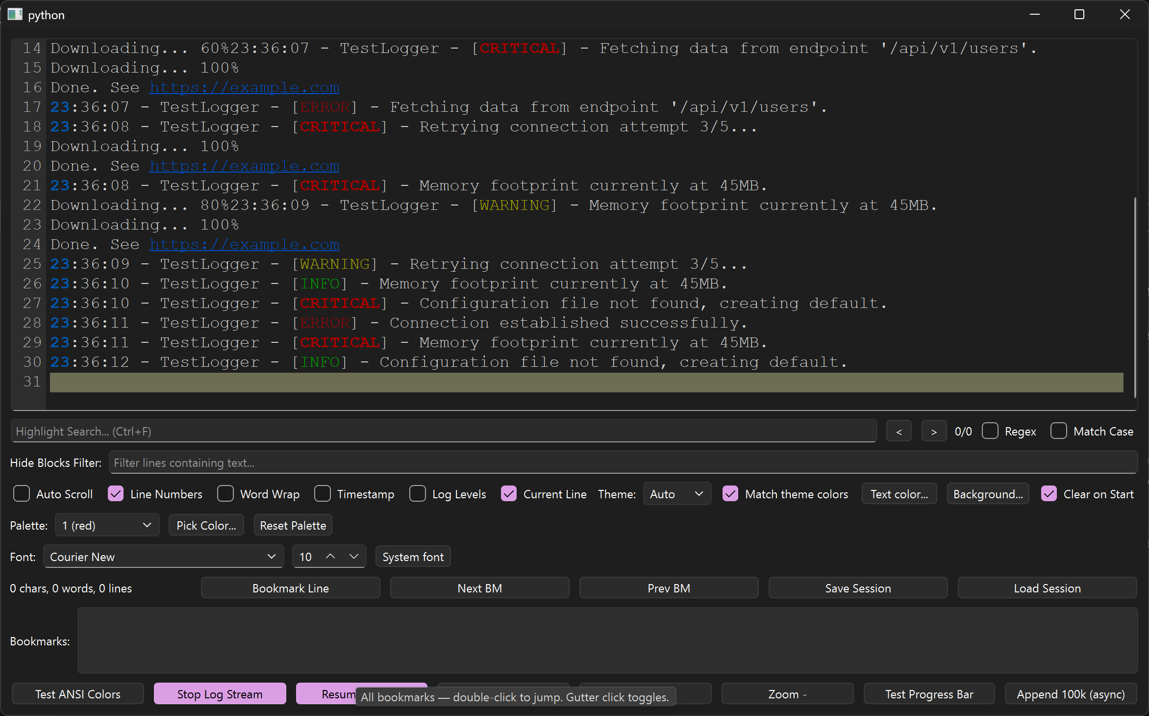 Streaming logs with line numbers